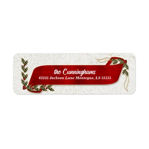 Red Ribbon with Holly and Berries Holiday Address Label