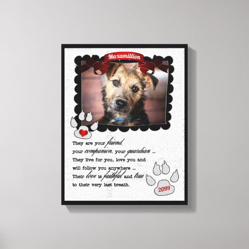 Red Ribbon with Name Dog Paw Pet Memorial Photo Canvas Print