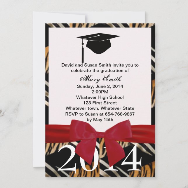 Red Ribbon Zebra And Tiger Graduation Invitation (Front)
