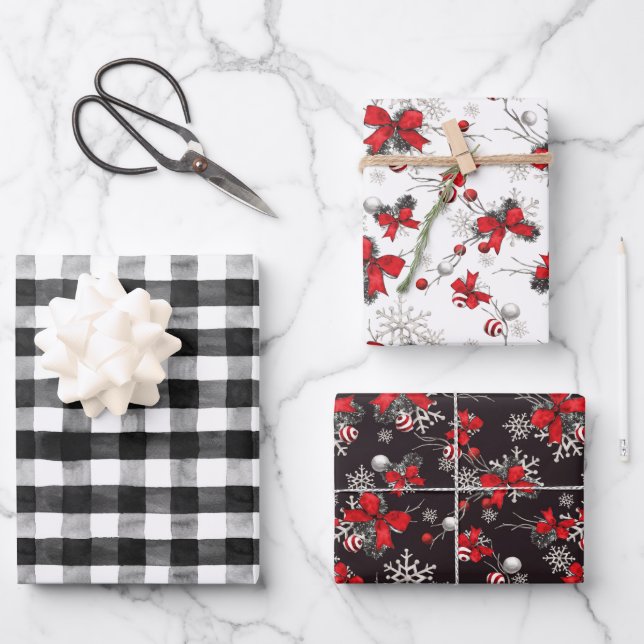 Red Ribbons Black & White Buffalo Check Christmas Wrapping Paper Sheets (Front)
