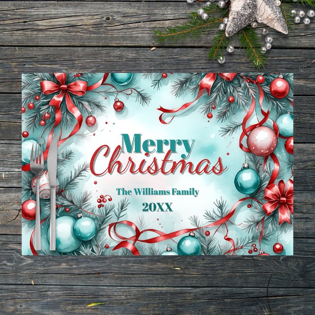 Red Ribbons Pine Boughs Christmas Paper Placemat (Creator Uploaded)