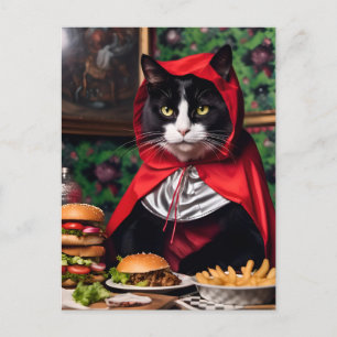 Red Riding Hood Cat Eats Cheesburger and Fries Postcard