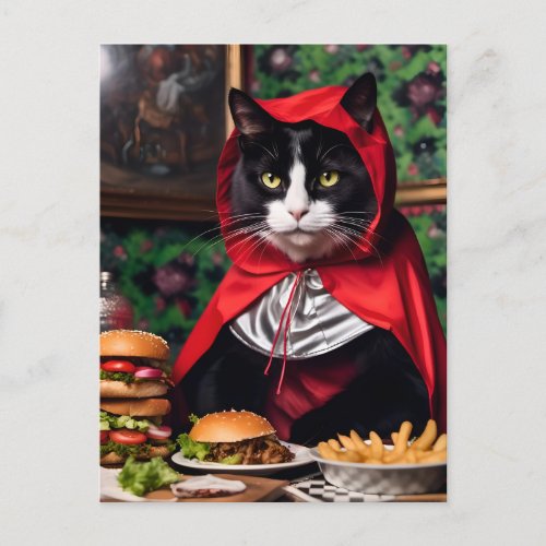 Red Riding Hood Cat Eats Cheesburger and Fries Postcard