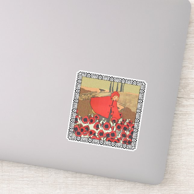 Red Riding Hood Field Red Poppies Wolf Framed Sticker (Detail)