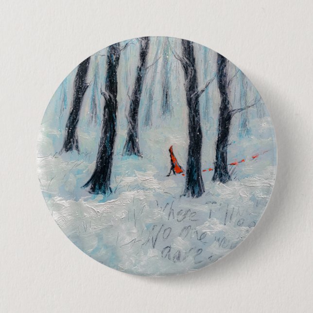 Red Riding Hood-like figure in a winter forest Button (Front)