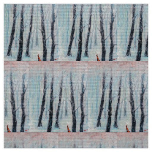 Red Riding Hood-like figure in a winter forest Fabric