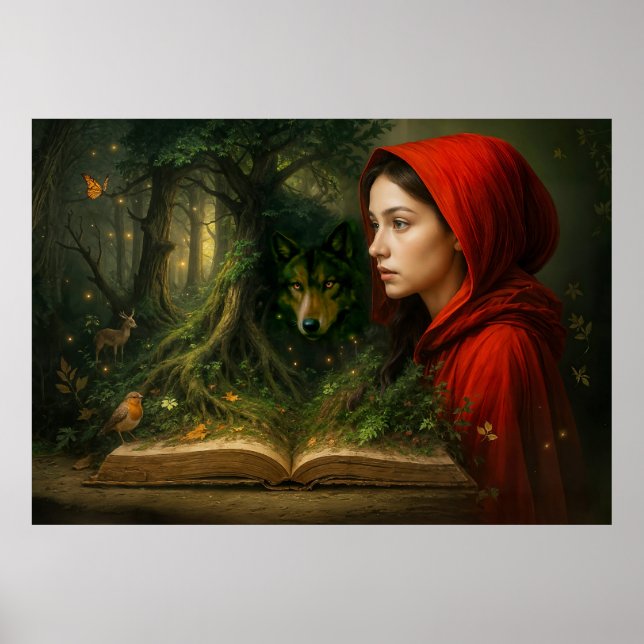 Red Riding Hood meets wolf in forest Poster (Front)