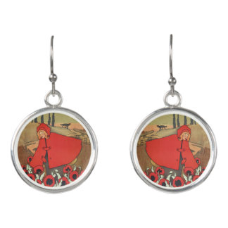 Red Riding Hood Picking Flowers in Field Wolf Earrings