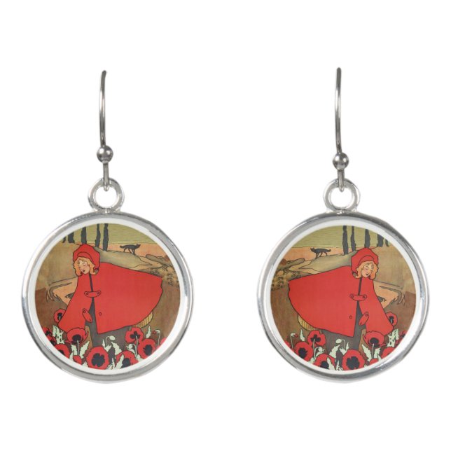 Red Riding Hood Picking Flowers in Field Wolf Earrings (Front)