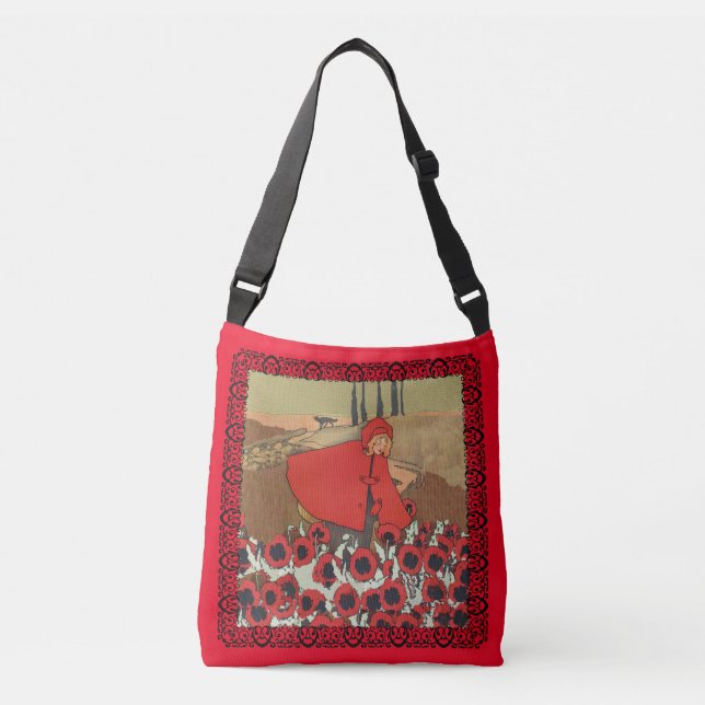 Red Riding Hood Picking Flowers in Field Wolf Red Crossbody Bag (Front)