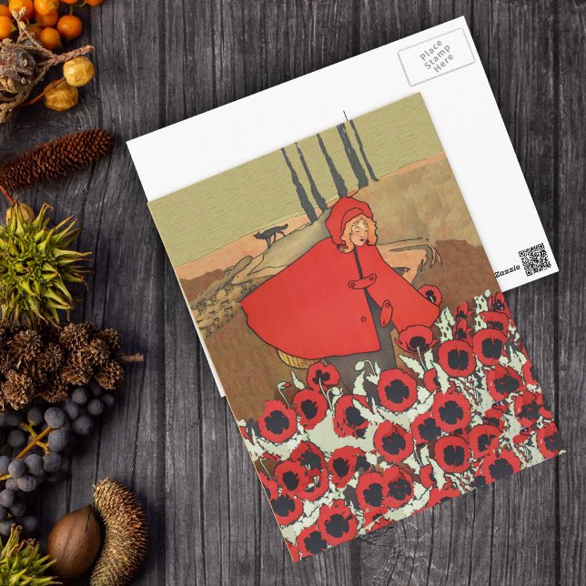 Red Riding Hood Picking Poppies Postcard (Little Red Riding Hood in red poppy flowers with wolf on fairy tale postcard.)