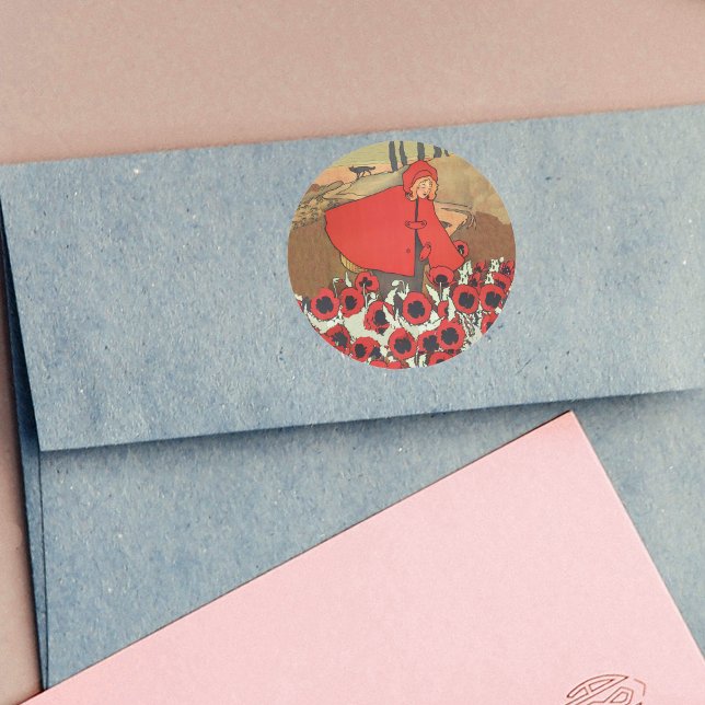 Red Riding Hood Picking Poppies Stickers (Little red riding hood red cape picking red flowers wolf in distance on round stickers.)