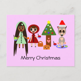 Red Riding Hood, Rapunzel at the Christmas Party Holiday Postcard