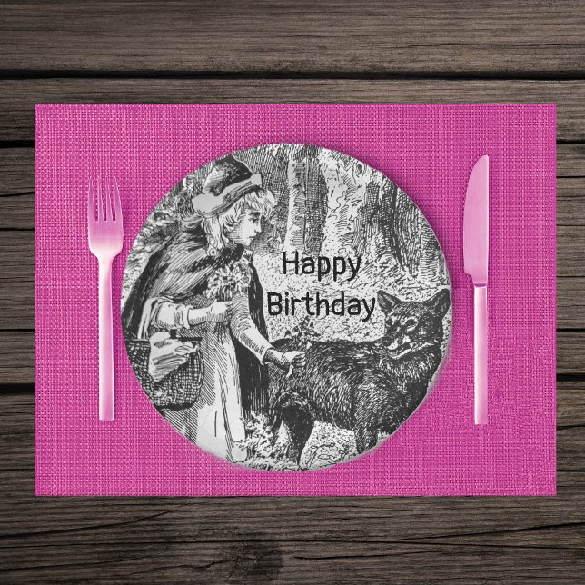 Red Riding Hood Wolf Wood Birthday Black White Paper Plates (Black White Little Red Riding Hood wolf in woods on Birthday paper party plates.)