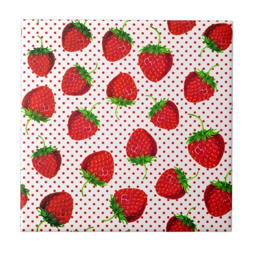 Red Ripe Strawberry and Dots Pattern  Ceramic Tile