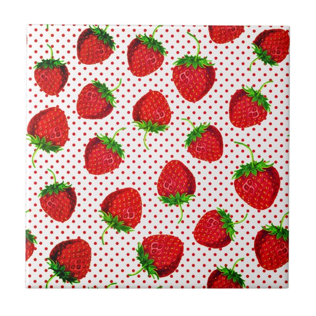 Red Ripe Strawberry and Dots Pattern  Ceramic Tile (Front)