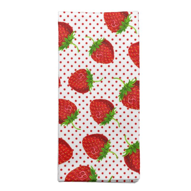 Red Ripe Strawberry and Dots Pattern Cloth Napkin (Folded)