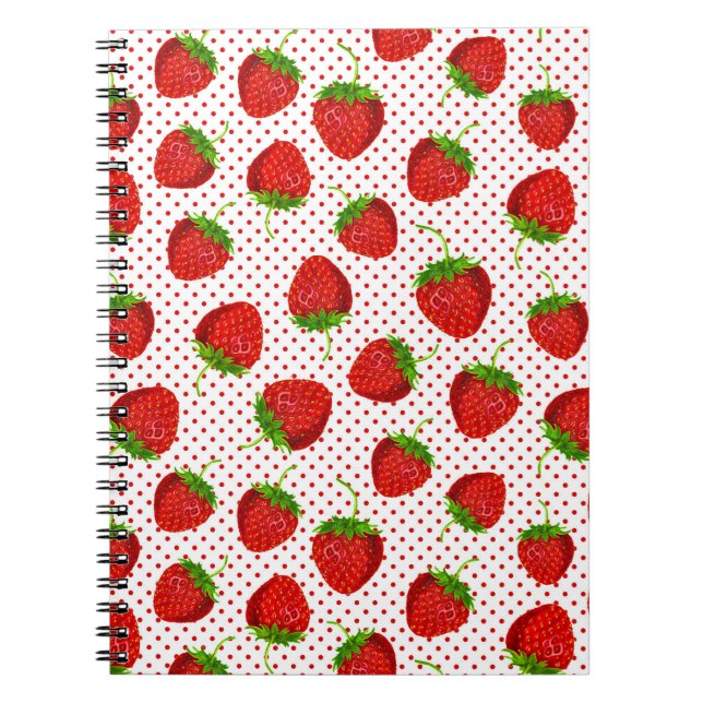 Red Ripe Strawberry and Dots Pattern Notebook (Front)