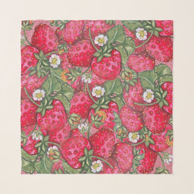 Red Ripe Strawberry Gingham Summer Fruit Colorful Scarf (Front)