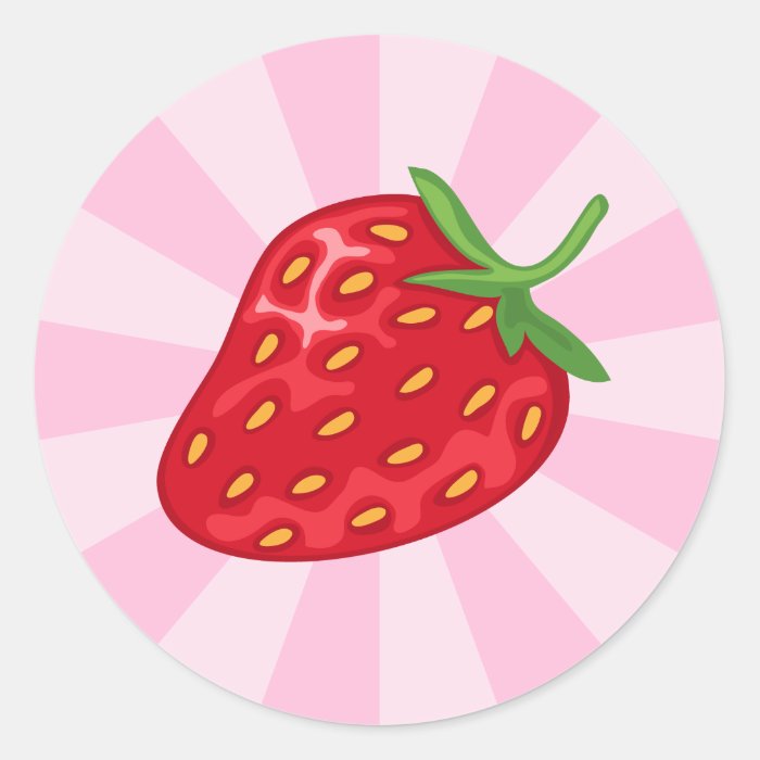Red ripe strawberry on pink sunburst sticker