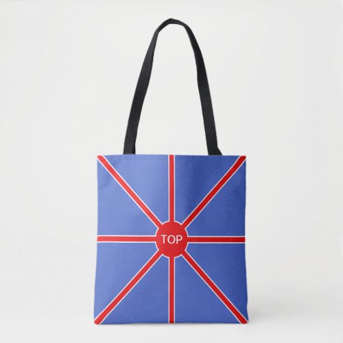 Red rising sun rays on blue tote bag