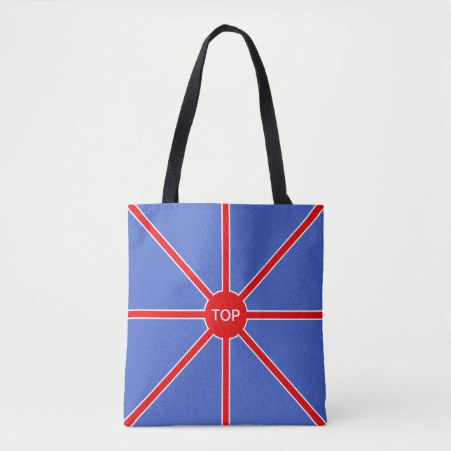 Red rising sun rays on blue tote bag (Front)