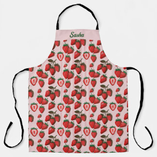 Red Risograph Strawberries & Stripes Custom Name Apron