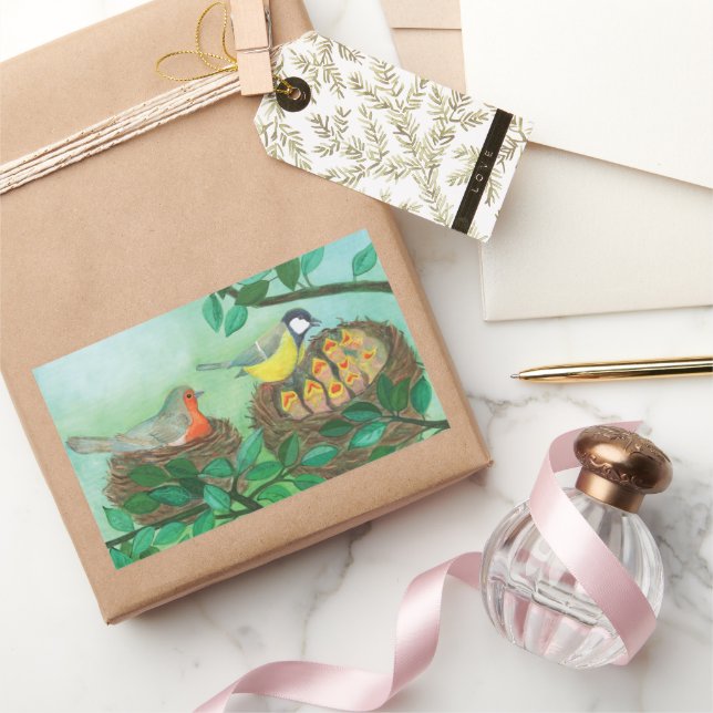 Red Robin and Great Tit Bird Nesting  Rectangular Sticker (Gifting)