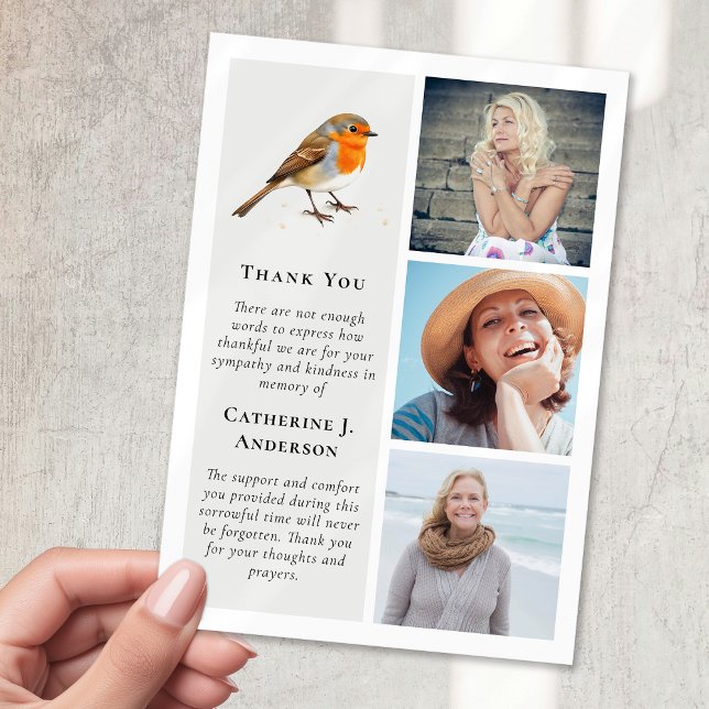 Red Robin Bird 3 Photo Sympathy Funeral Thank You Card (Creator Uploaded)