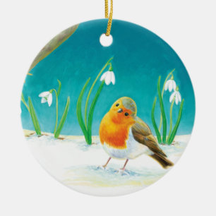Red Robin Bird and Snowdrops Illustration Ceramic Ornament