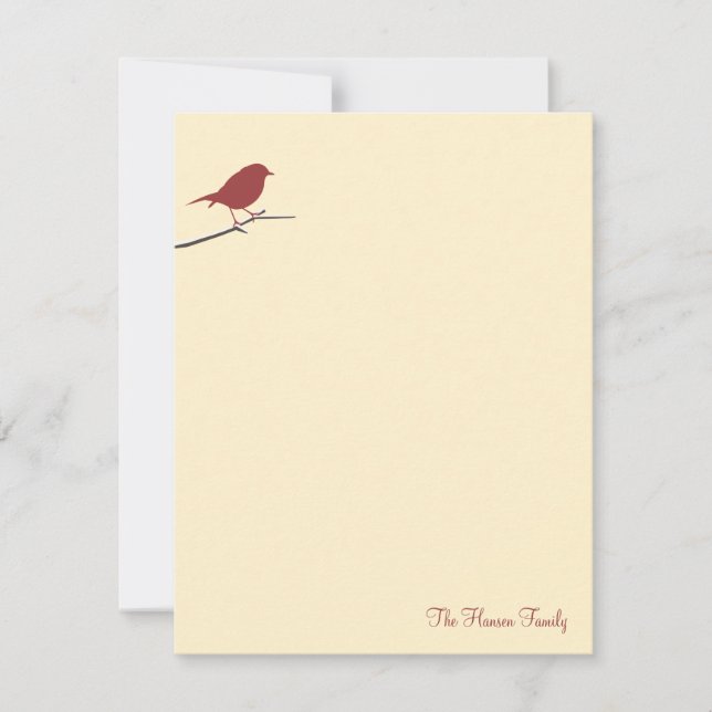 Red robin bird branch cream beige thank you note card (Front)