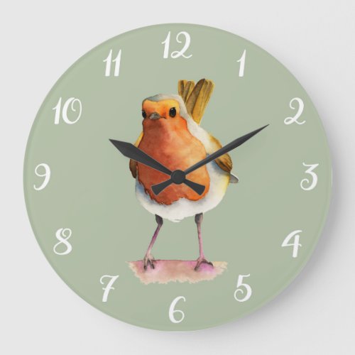 Red Robin Bird Cute Watercolor Art Large Clock