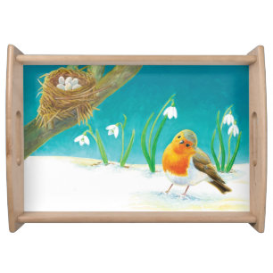 Red Robin Bird & Snowdrops Illustration Serving Tray