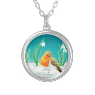 Red Robin Bird & Snowdrops Illustration Silver Plated Necklace
