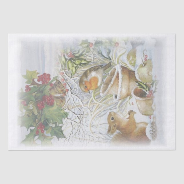 Red Robin Bird Squirrel Winter Christmas Tissue Paper (Front)