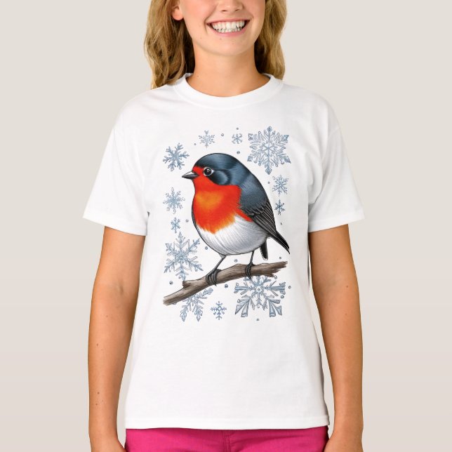 Red Robin Bird with Snowflakes T-Shirt (Front)