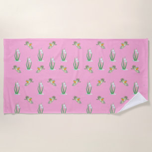 Red Robin Birds and Snowdrops Spring Pattern Pink Beach Towel