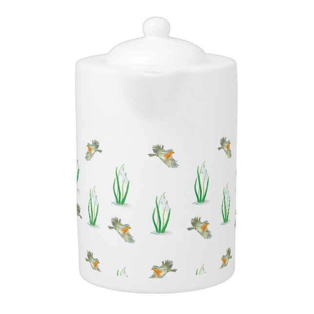 Red Robin Birds and Snowdrops spring pattern  Teapot (Front)