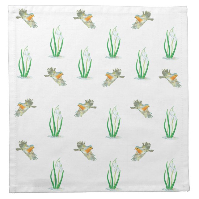 Red Robin Birds & Snowdrops Playful Spring Pattern Cloth Napkin (Front)