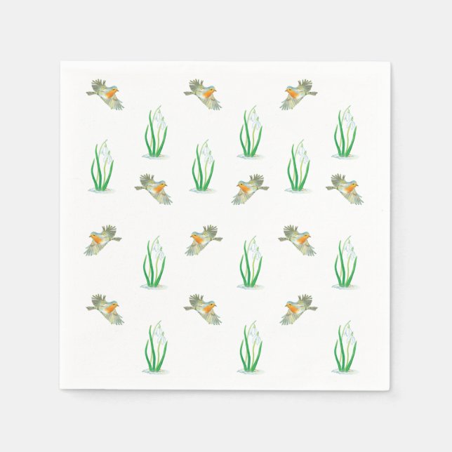 Red Robin Birds & Snowdrops Playful Spring Pattern Napkins (Front)