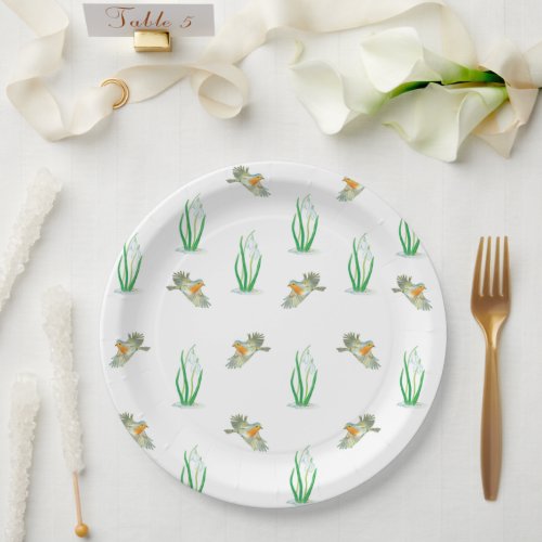 Red Robin Birds  Snowdrops Playful Spring Pattern Paper Plates