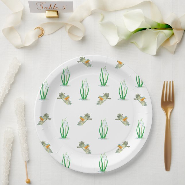 Red Robin Birds & Snowdrops Playful Spring Pattern Paper Plates (Wedding)