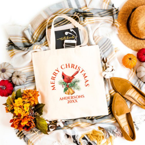 Red Robin Christmas ornaments and text Tote Bag