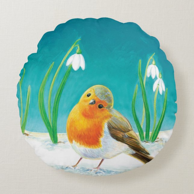 Red Robin (Erithacus rubecula) Early Spring  Round Pillow (Front)