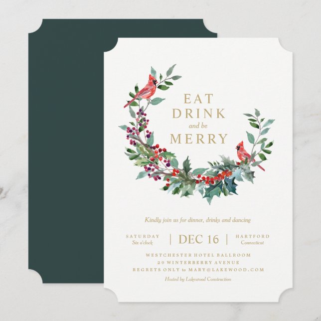Red Robin Holiday Wreath Party Invitation (Front/Back)