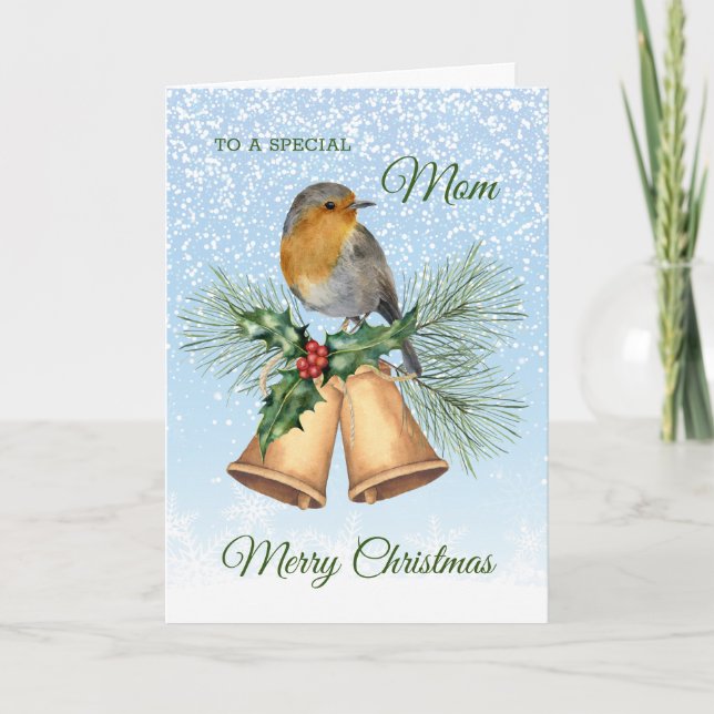 Red robin, holly, bells Mom Christmas Holiday Card (Front)