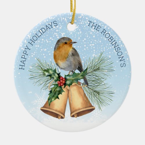 Red robin holly Christmas bells Ceramic Ornament