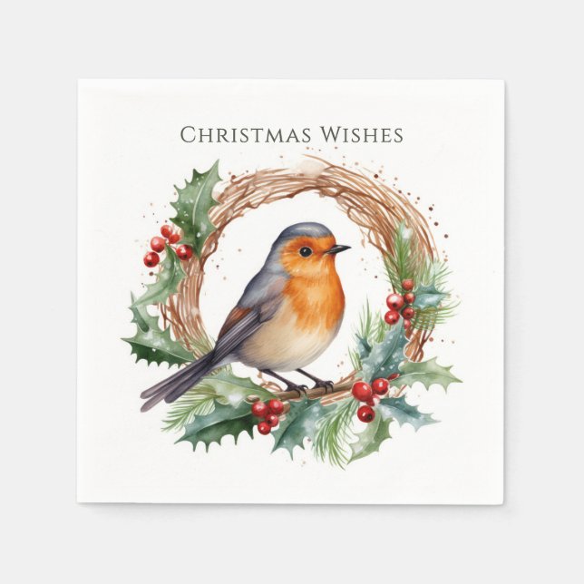 Red Robin Holly Wreath Christmas Napkins (Front)
