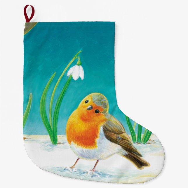 Red Robin Illustration Large Christmas Stocking (Front)