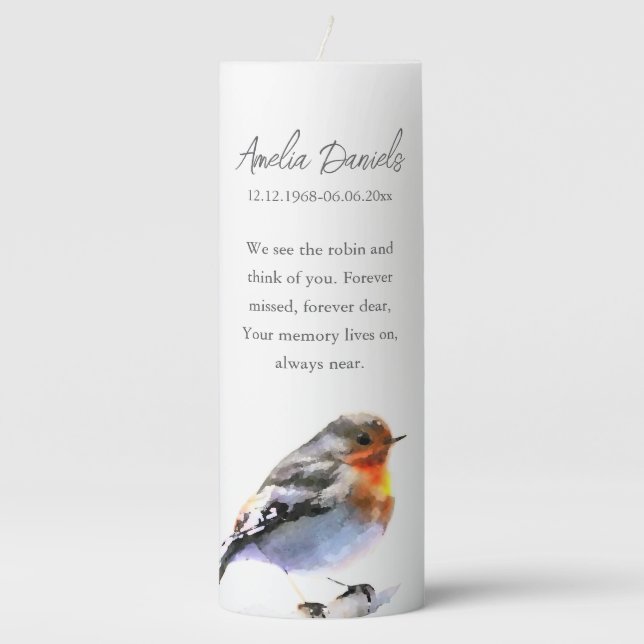 Red Robin In Memory Pillar Candle (Front)